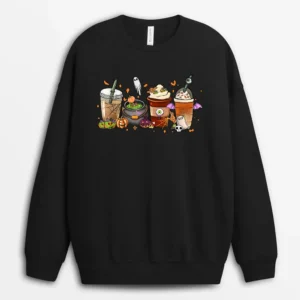 Cute Scary Horror Iced Coffee Pumpkin Halloween Sweatshirt - Black