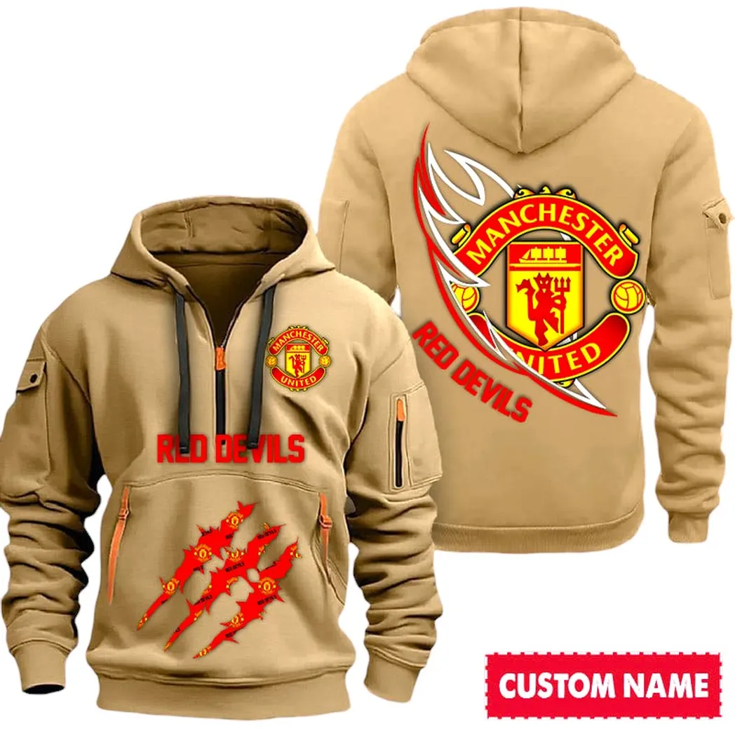Manchester United EPL Hoodie Half Zipp SPO0120014, Gift For Fan Manchester United - Khaki