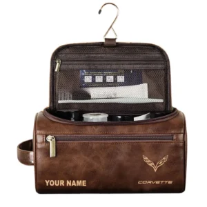 Corvette Leather Toiletry Bag, All Over Print Leather Toiletry Bag - Dark Brown CAR44005072500