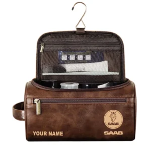 Saab Leather Toiletry Bag, All Over Print Leather Toiletry Bag - Dark Brown CAR44005072552