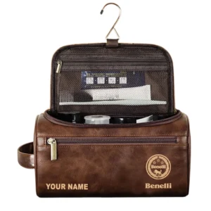 Benelli Leather Toiletry Bag, All Over Print Leather Toiletry Bag - Dark Brown CAR44105072522