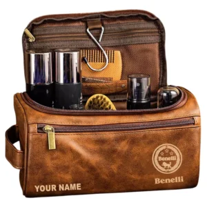 Benelli Leather Toiletry Bag, All Over Print Leather Toiletry Bag - Yellow Brown CAR44105072522