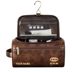 SWM Leather Toiletry Bag, All Over Print Leather Toiletry Bag - Dark Brown CAR44105072523