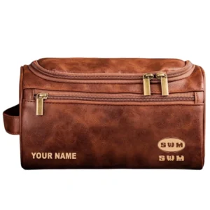 SWM Leather Toiletry Bag, All Over Print Leather Toiletry Bag - Red Brown CAR44105072523