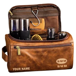 SWM Leather Toiletry Bag, All Over Print Leather Toiletry Bag - Yellow Brown CAR44105072523