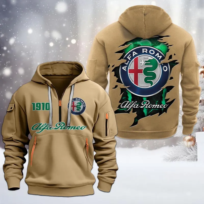 Alfa Romeo Half Zip Hoodie, All Over Print Half Zip Hoodies For Men CAR198032759 - Khaki