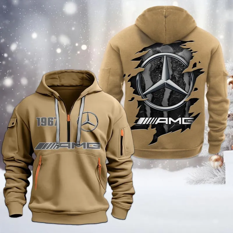 AMG Half Zip Hoodie, All Over Print Half Zip Hoodies For Men CAR198032748 - Khaki