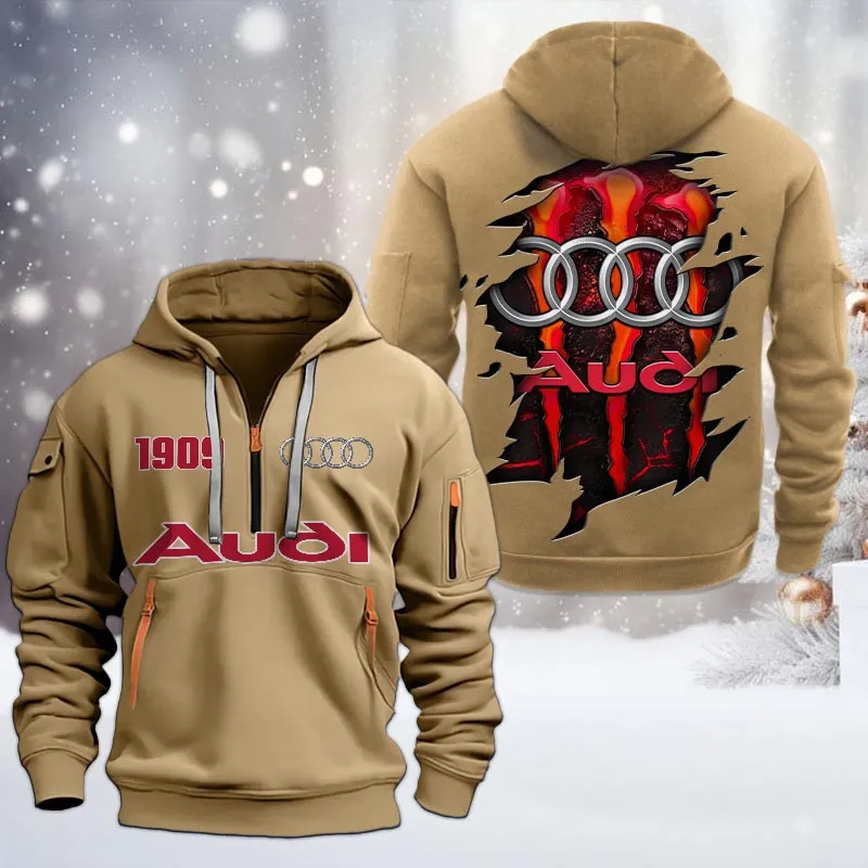 Audi Half Zip Hoodie, All Over Print Half Zip Hoodies For Men CAR198032792 - Khaki