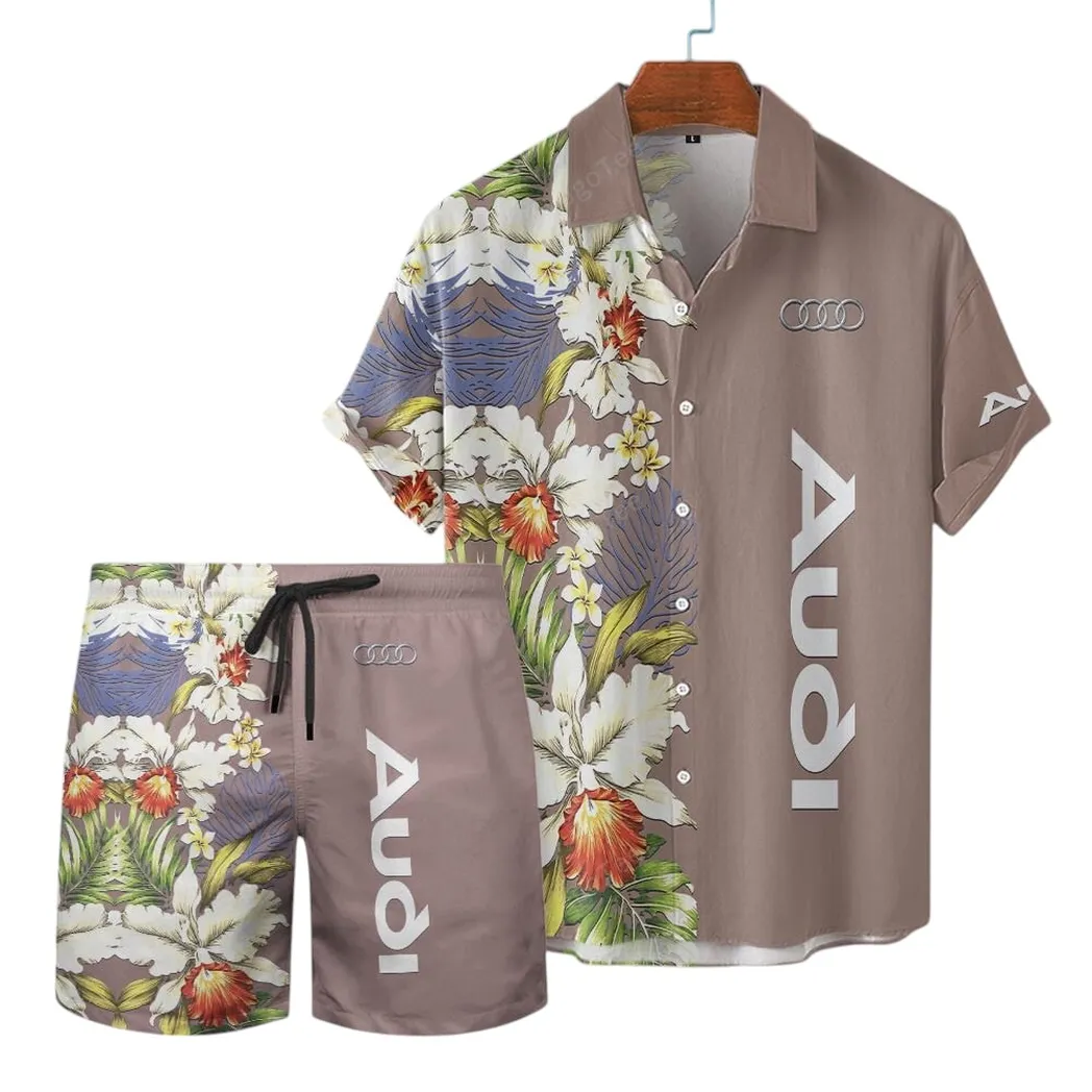 Audi Hawaiian Shirt Set, Gift For Audi Lovers, Gift For Him, Husband, Boyfriend CAR12303042500 - Brown