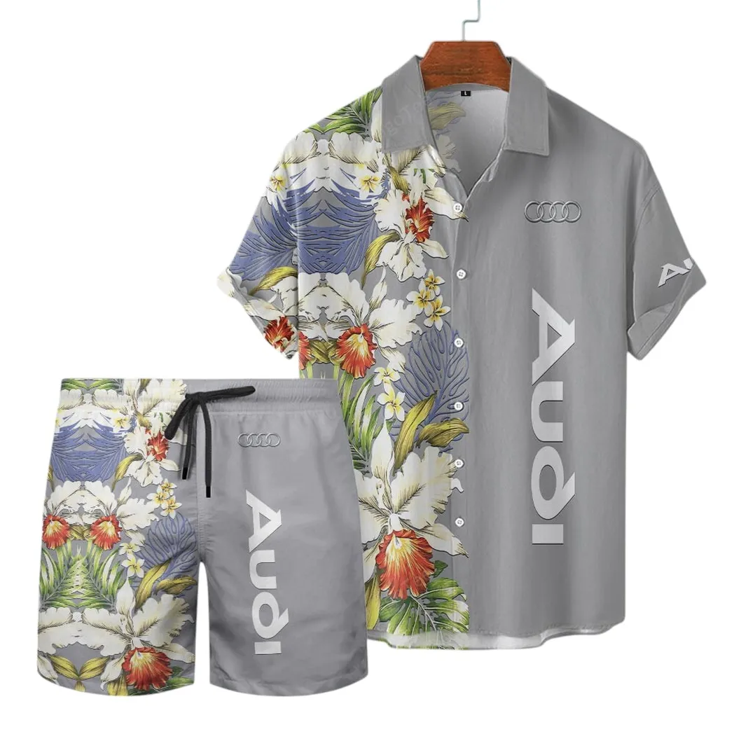 Audi Hawaiian Shirt Set, Gift For Audi Lovers, Gift For Him, Husband, Boyfriend CAR12303042500 - Grey