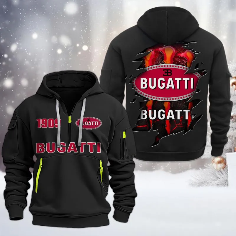 Bugatti Half Zip Hoodie, All Over Print Half Zip Hoodies For Men CAR198032780 - Black