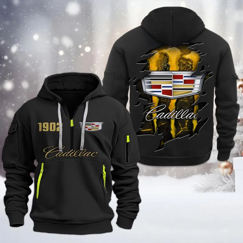 Cadillac Half Zip Hoodie, All Over Print Half Zip Hoodies For Men CAR198032785 - Black
