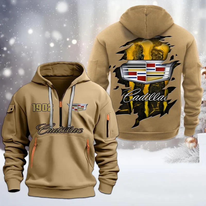 Cadillac Half Zip Hoodie, All Over Print Half Zip Hoodies For Men CAR198032785 - Khaki