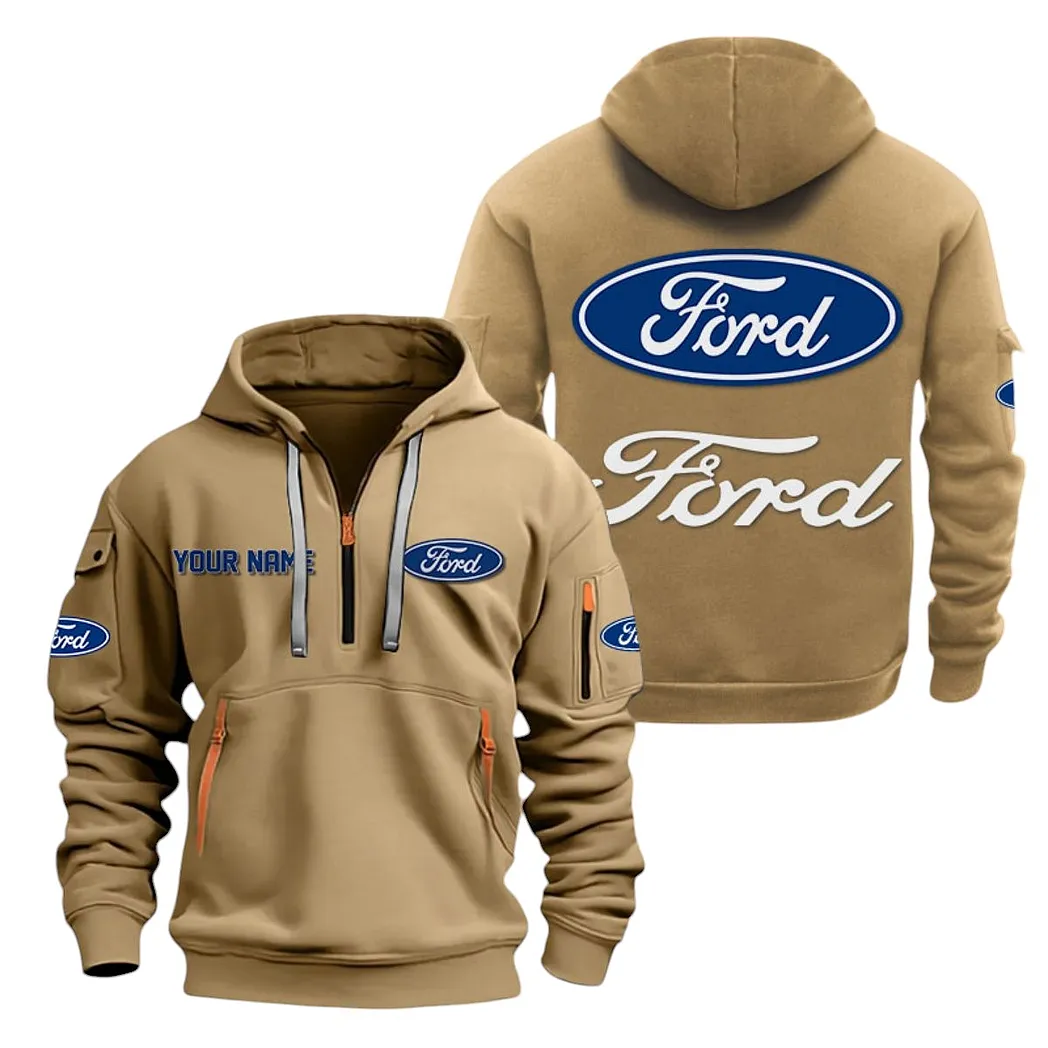 Ford Half Zip Hoodie For Men, Gift For Ford Lovers CAR20022125673 - Khaki
