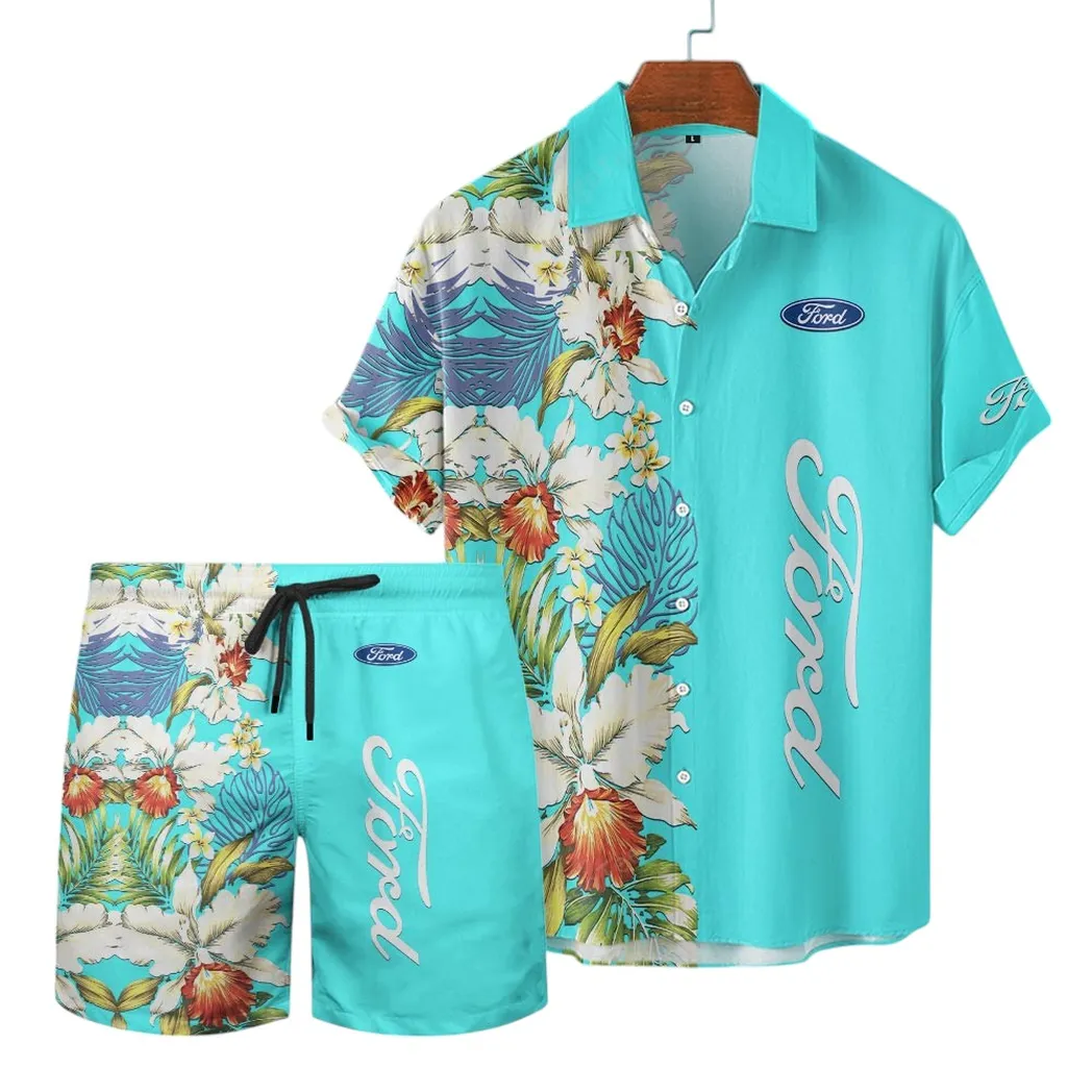 Ford Hawaiian Shirt Set, Gift For Ford Lovers, Gift For Him, Husband, Boyfriend CAR12303042504 - Cyan