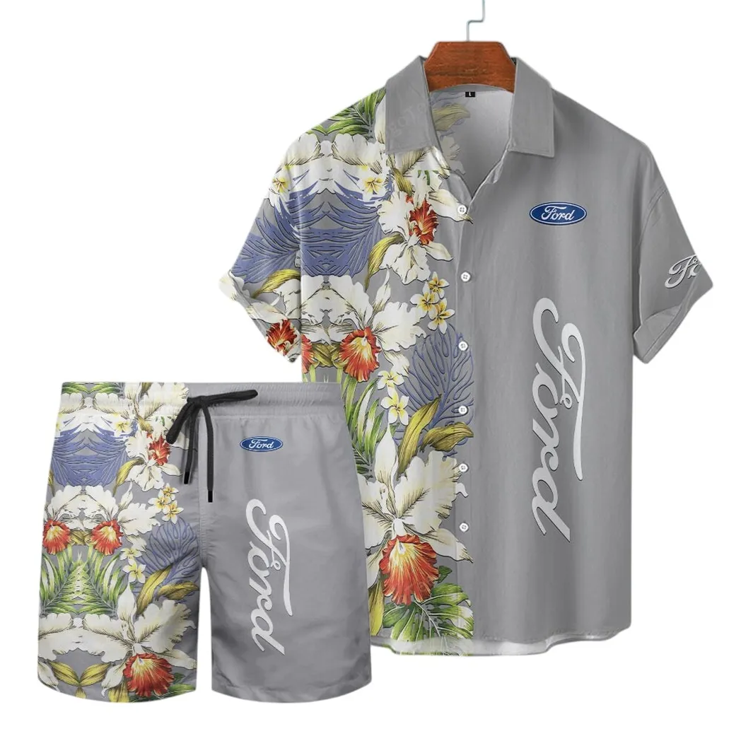 Ford Hawaiian Shirt Set, Gift For Ford Lovers, Gift For Him, Husband, Boyfriend CAR12303042504 - Grey