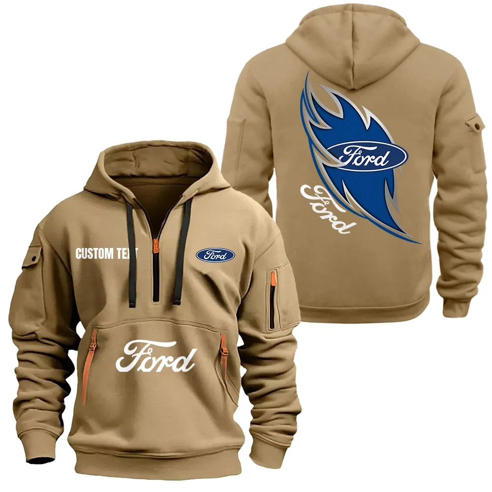 Ford Motor Company Hoodie Half Zipper CAR1701112078, CAR All Over Print Hoodie Half Zipper - Khaki