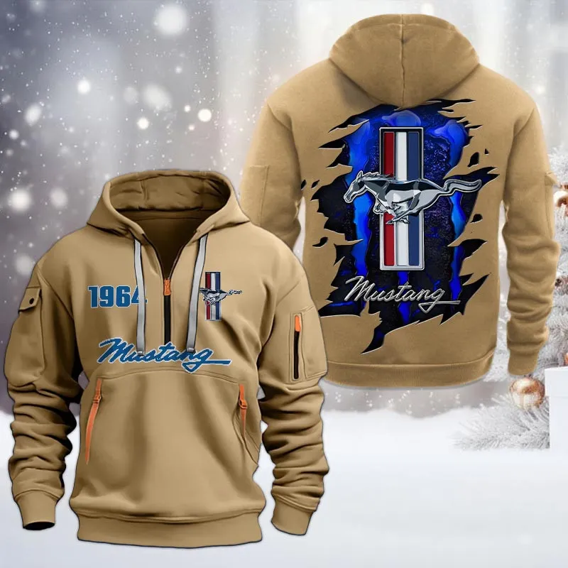 Ford Mustang Half Zip Hoodie, All Over Print Half Zip Hoodies For Men CAR198032730 - Khaki