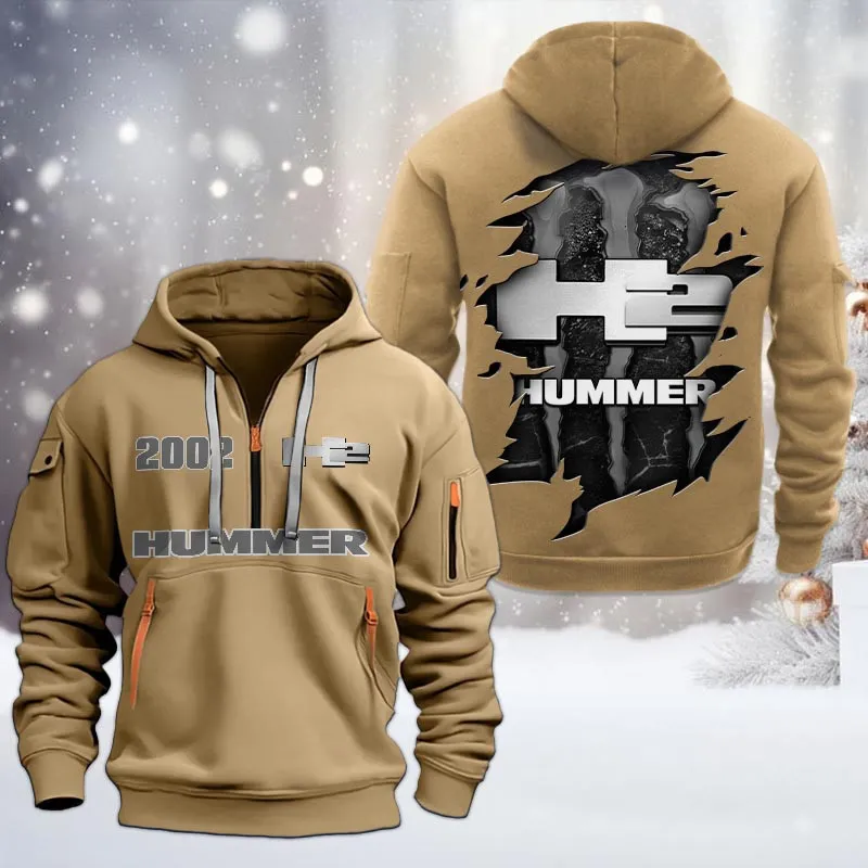 H2 Hummer Half Zip Hoodie, All Over Print Half Zip Hoodies For Men CAR198032774 - Khaki