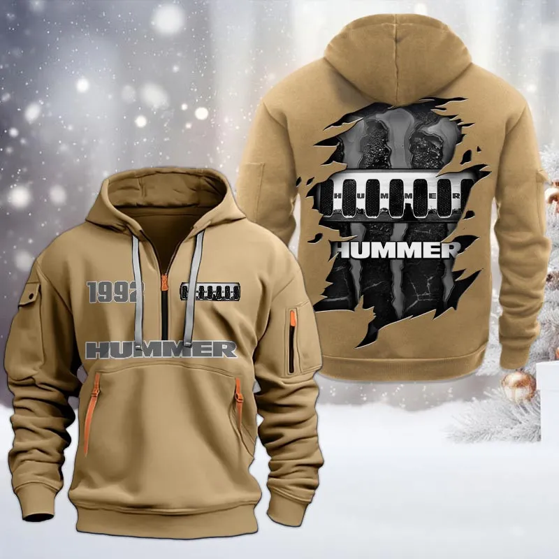 Hummer Half Zip Hoodie, All Over Print Half Zip Hoodies For Men CAR198032732 - Khaki