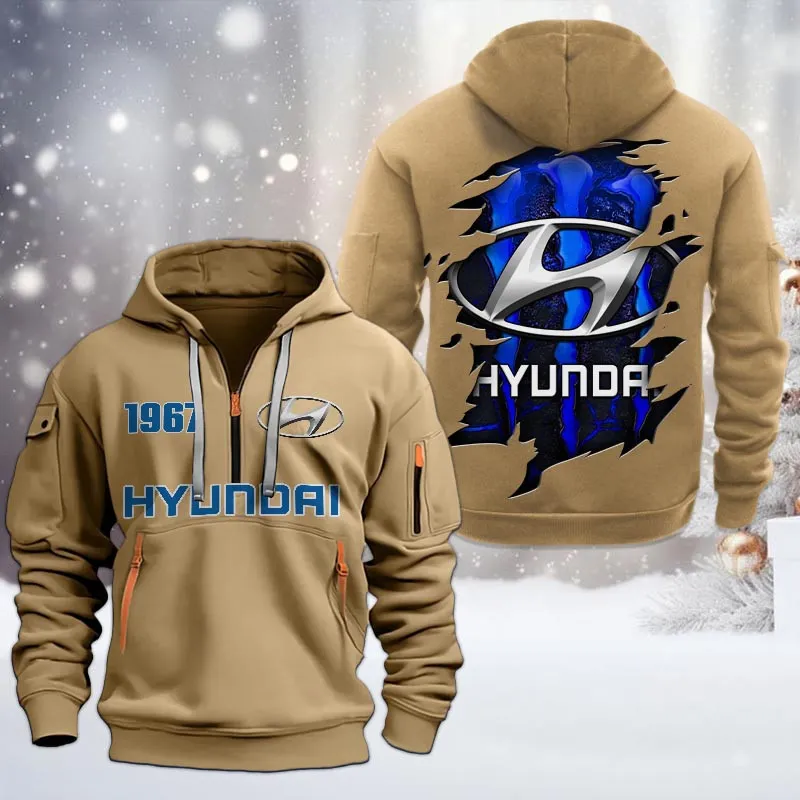 Hyundai Half Zip Hoodie, All Over Print Half Zip Hoodies For Men CAR198032747 - Khaki