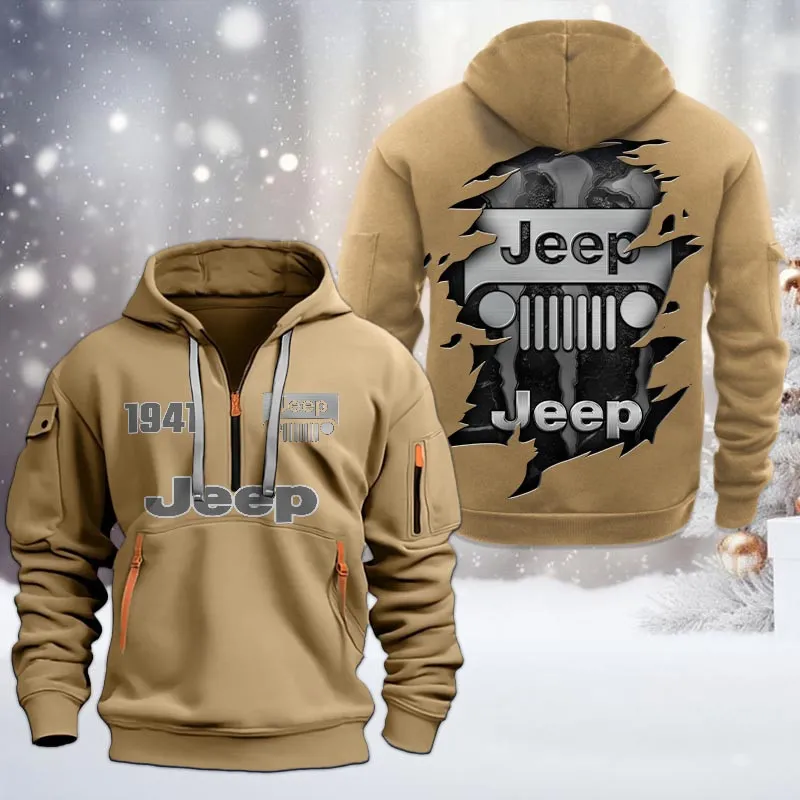 Jeep Half Zip Hoodie, All Over Print Half Zip Hoodies For Men CAR198032781 - Khaki