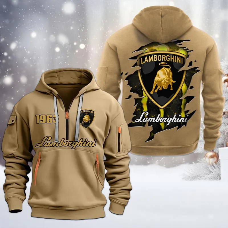Lamborghini Half Zip Hoodie, All Over Print Half Zip Hoodies For Men CAR198032766 - Khaki