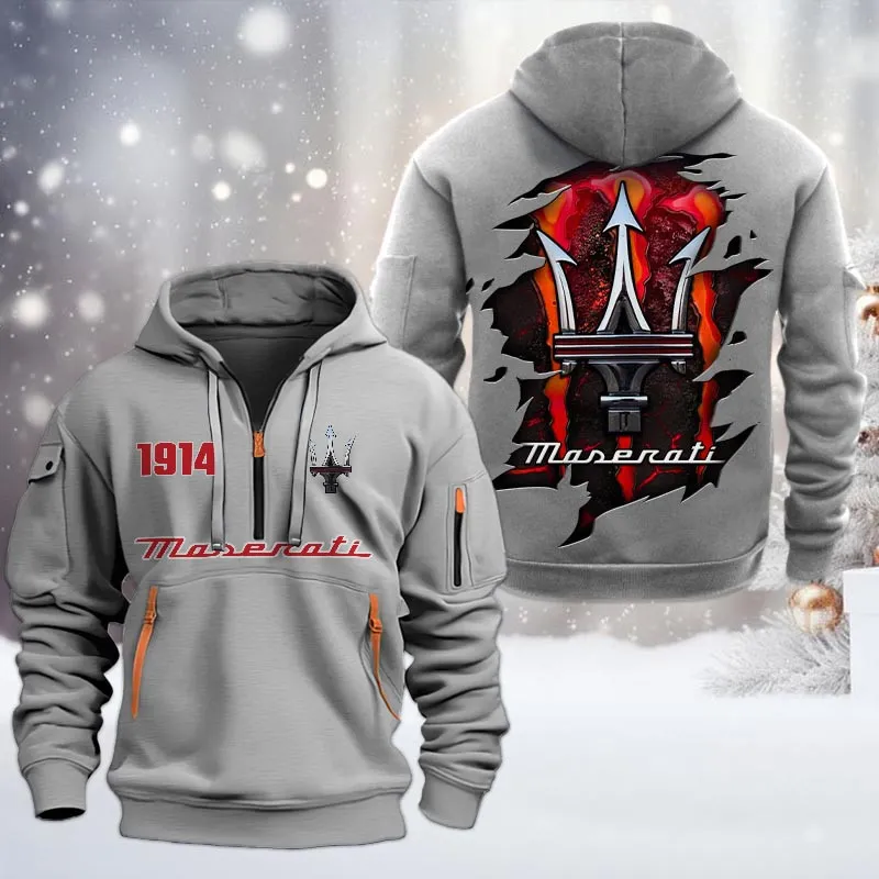 Maserati Half Zip Hoodie, All Over Print Half Zip Hoodies For Men CAR198032791 - Gray