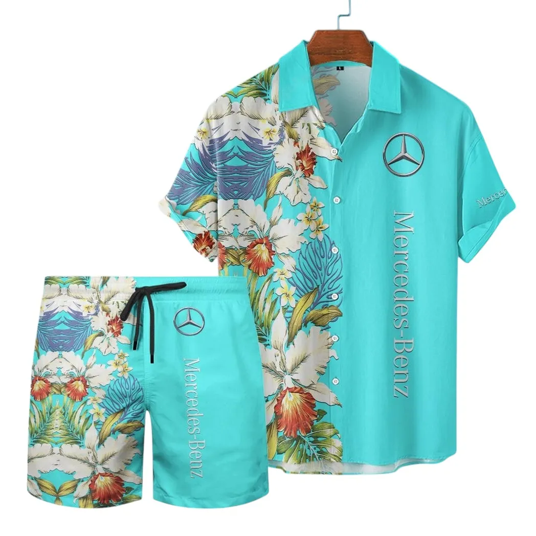 Mercedes Benz Hawaiian Shirt Set, Gift For Mercedes Benz Lovers, Gift For Him, Husband, Boyfriend CAR12303042501 - Cyan