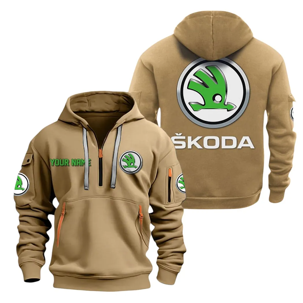 Skoda Auto Half Zip Hoodie For Men, Gift For Skoda Auto Lovers CAR20022125744 - Khaki