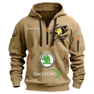 Skoda Half Zip Hoodie CAR113021425827, Best Gift for Him, Husband, Boyfriend - Khaki