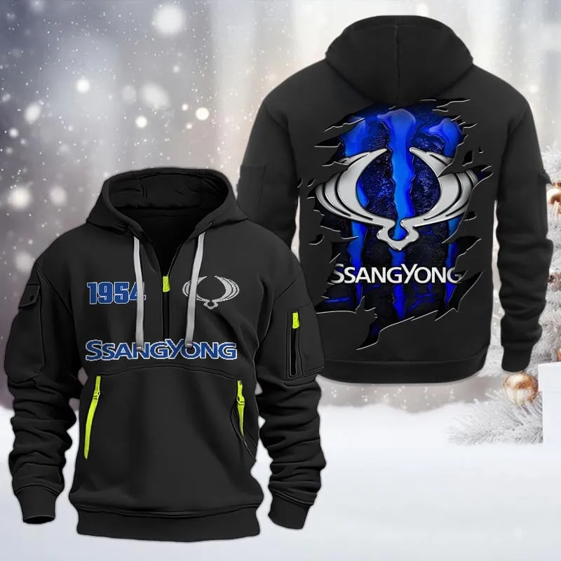 SsangYong Motor Half Zip Hoodie, All Over Print Half Zip Hoodies For Men CAR198032784 - Black