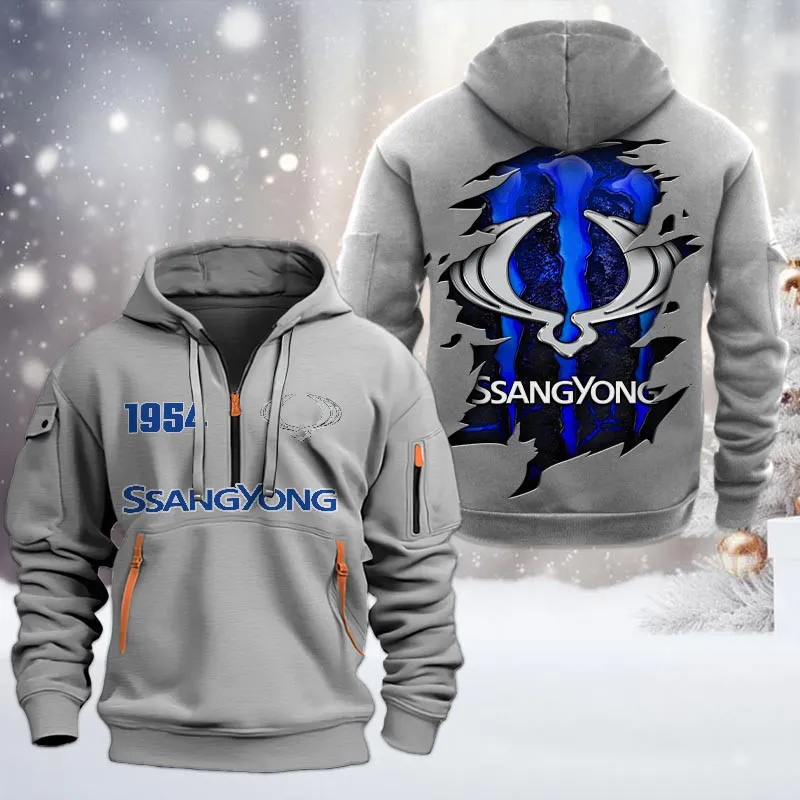 SsangYong Motor Half Zip Hoodie, All Over Print Half Zip Hoodies For Men CAR198032784 - Gray