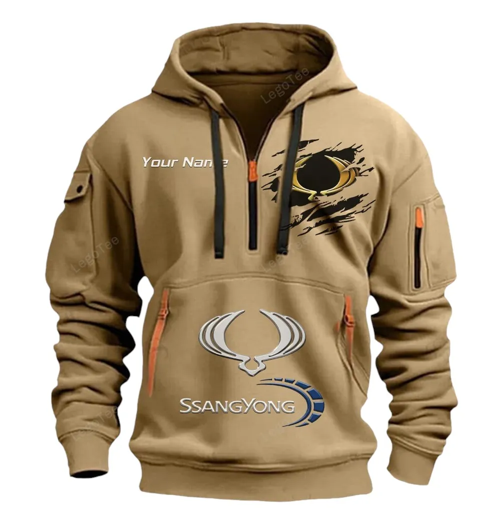 SsangYong Motor Half Zip Hoodie CAR113021425818, Best Gift for Him, Husband, Boyfriend - Khaki ssangyong motor half zip hoodie car113021425818 best gift for him husband boyfriend khaki