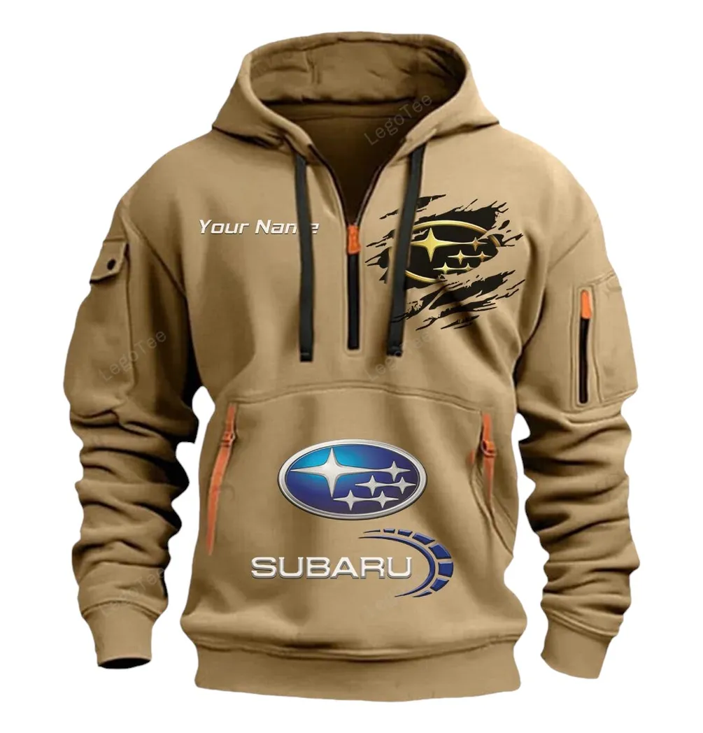 Subaru Half Zip Hoodie CAR113021425807, Best Gift for Him, Husband, Boyfriend - Khaki subaru half zip hoodie car113021425807 best gift for him husband boyfriend khaki pig5r