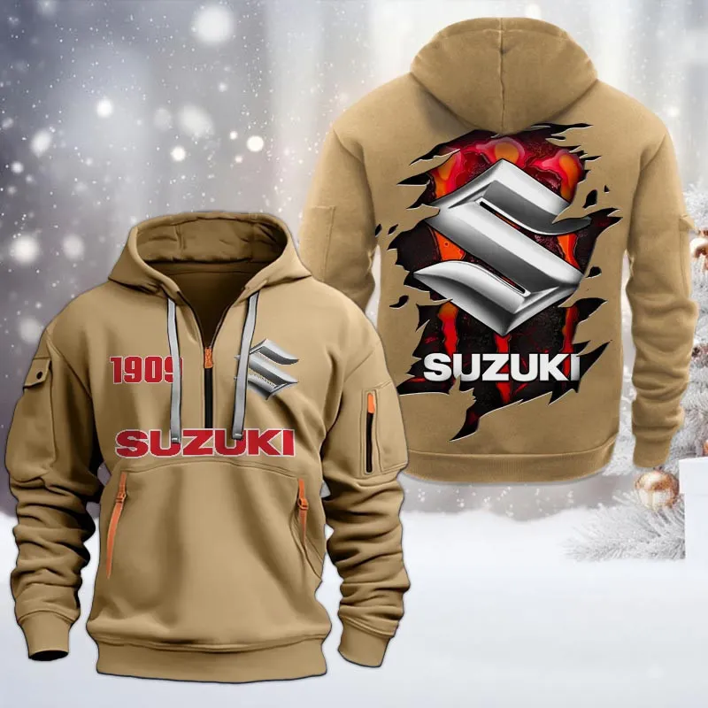 Suzuki Half Zip Hoodie, All Over Print Half Zip Hoodies For Men CAR198032733 - Khaki
