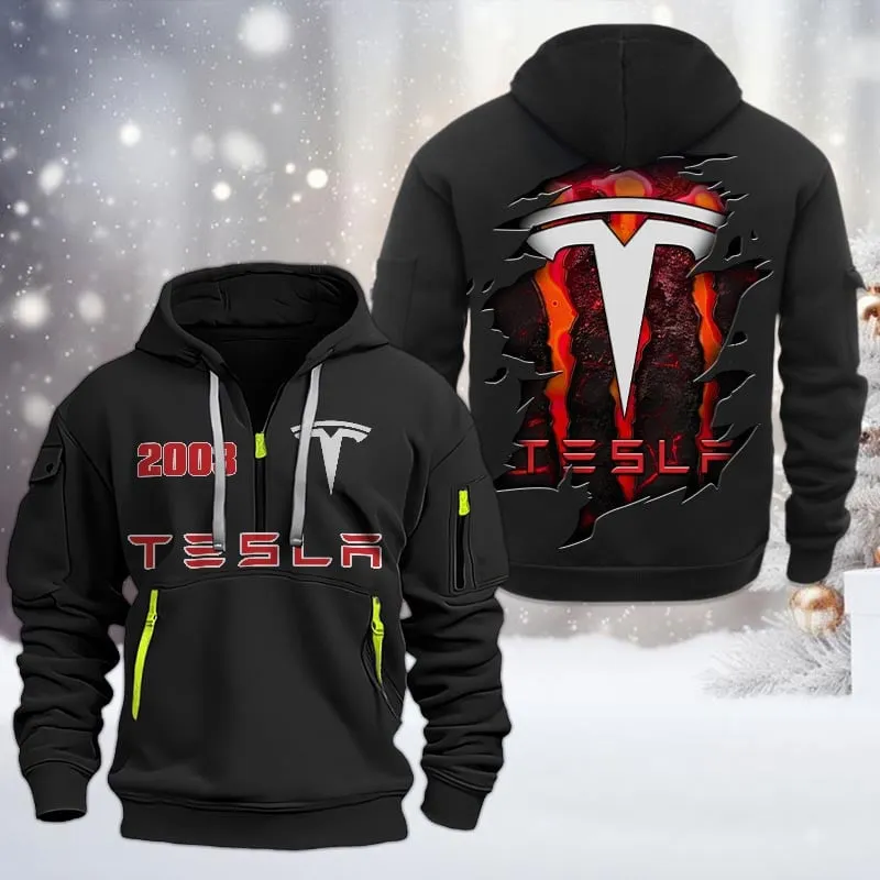 Tesla Half Zip Hoodie, All Over Print Half Zip Hoodies For Men CAR198032782 - Black