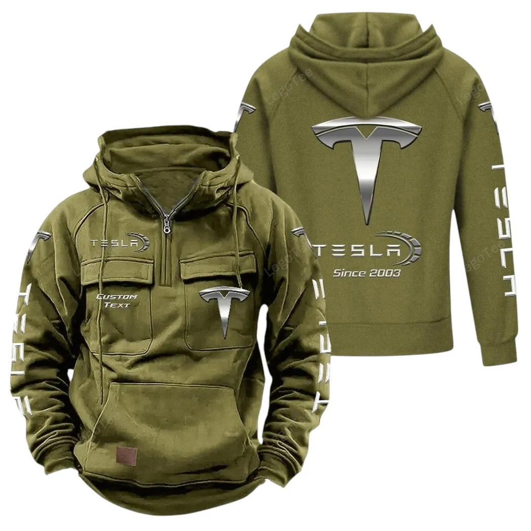 Tesla Tactical Quarter Zip Hoodie, Gift For Tesla Lovers, Gift For Him, Husband, Boyfriend - Army Green CAR96021425700-1