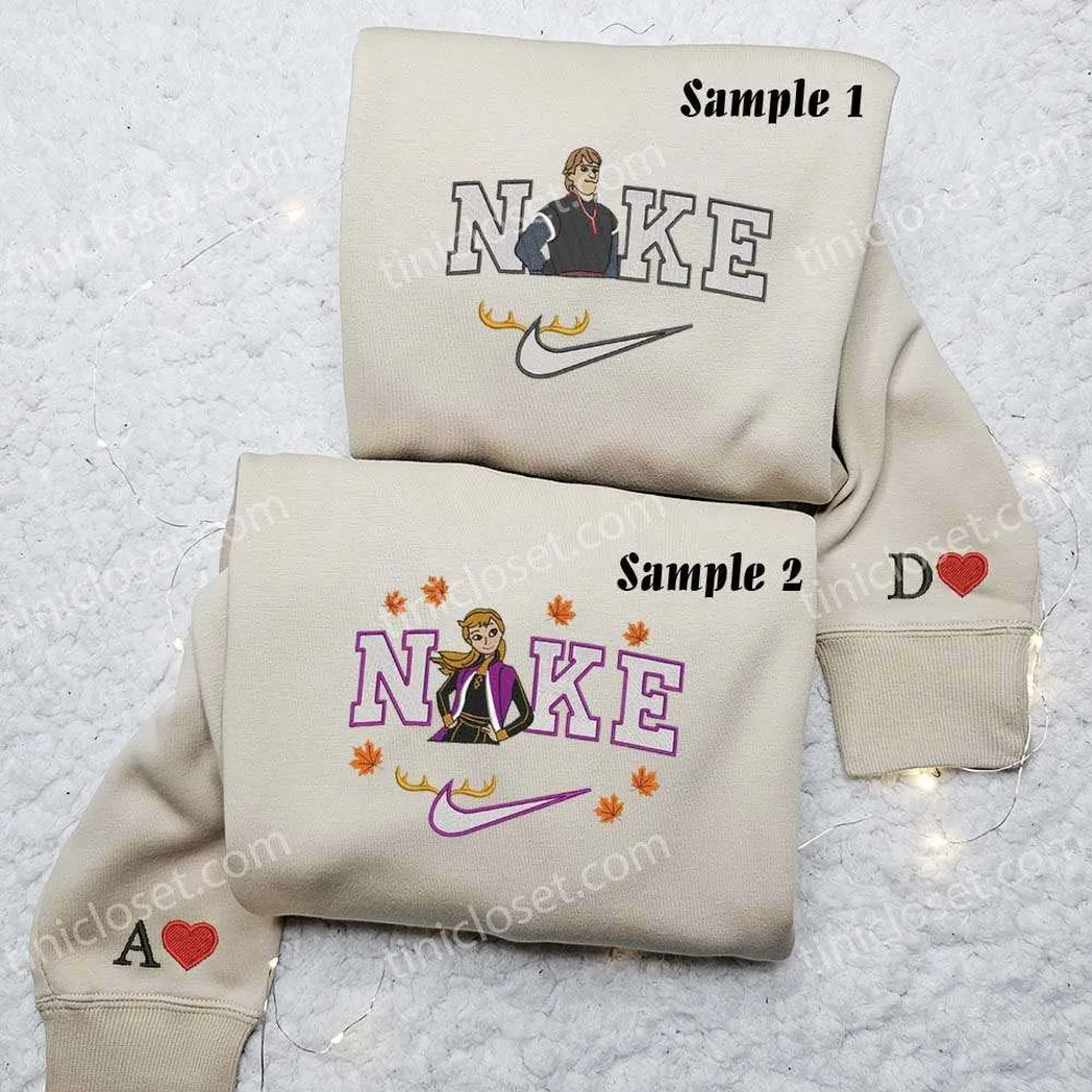 anna and kristoff x nike embroidered shirt embroidered sweatshirt fashion style for couples