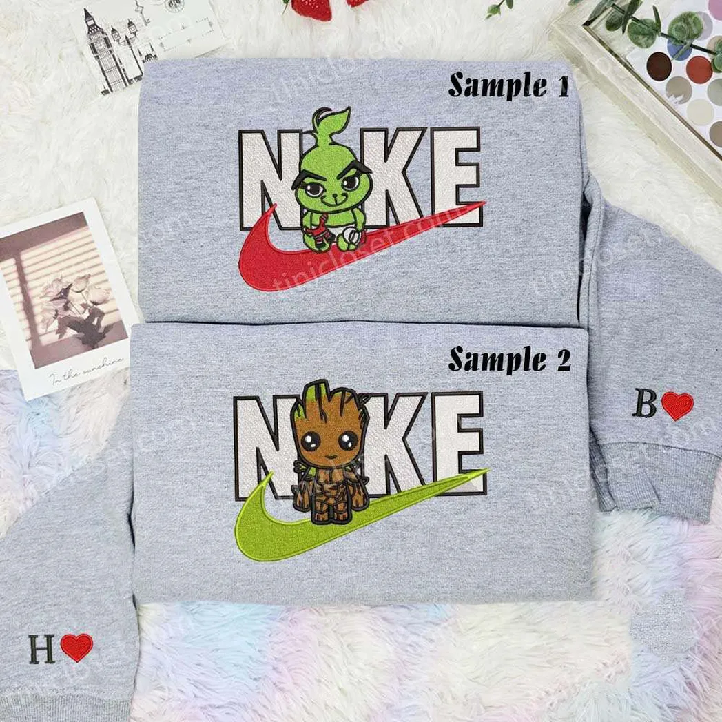 baby groot and baby grinch x nike embroidered shirt embroidered sweatshirt fashion style for couples i0lvr