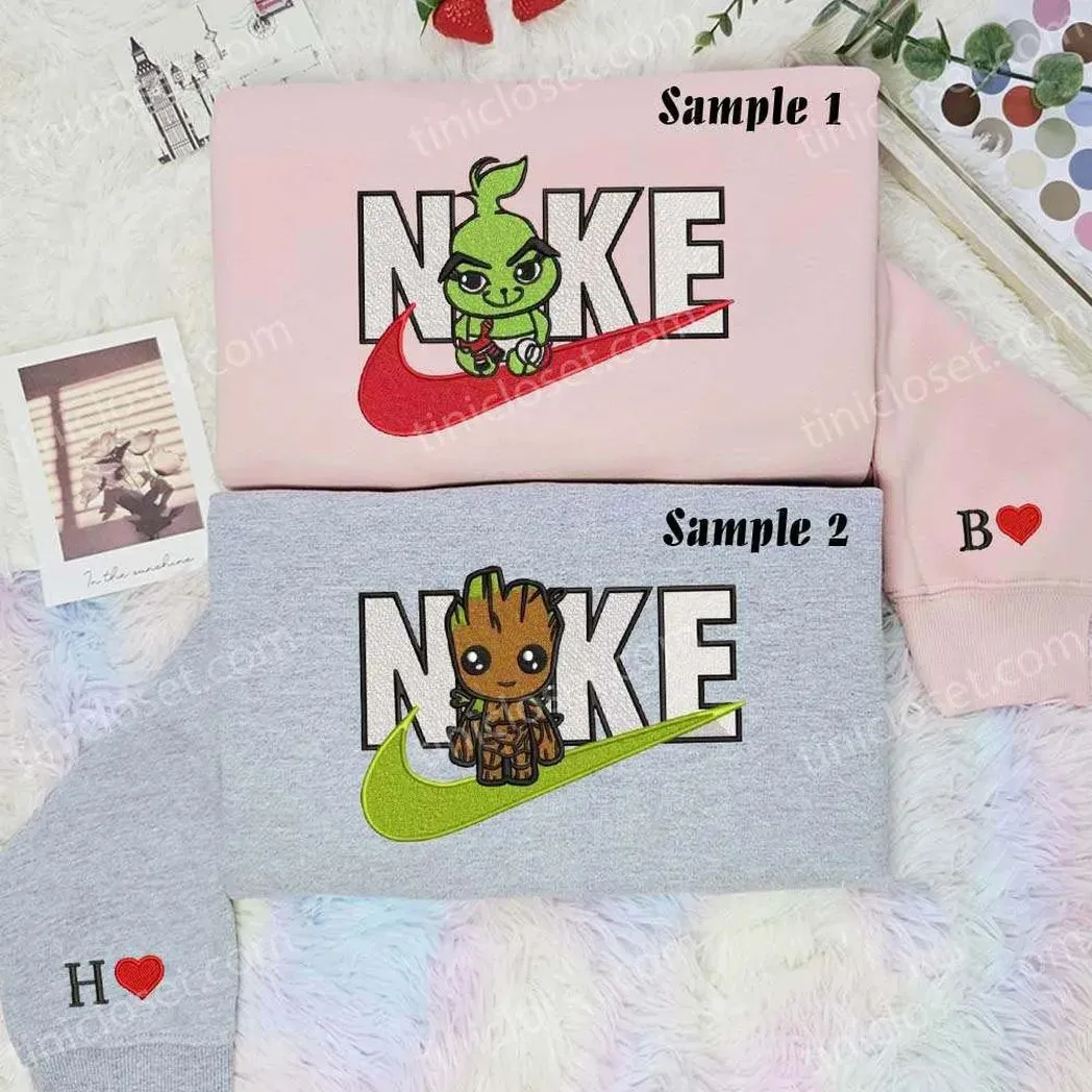 Baby Groot And Baby Grinch x Nike Embroidered Shirt, Embroidered Sweatshirt Fashion Style For Couples
