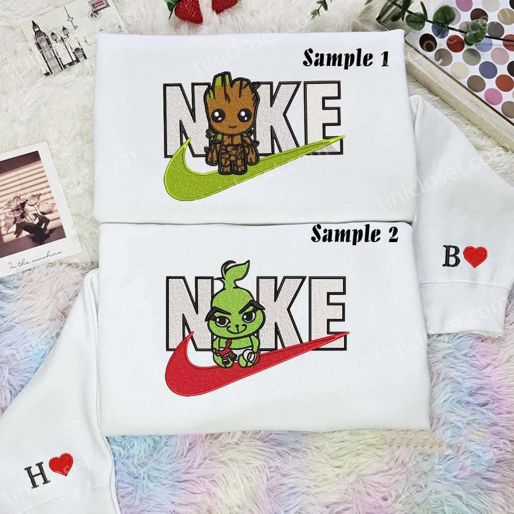 baby groot and baby grinch x nike embroidered shirt embroidered sweatshirt fashion style for couples