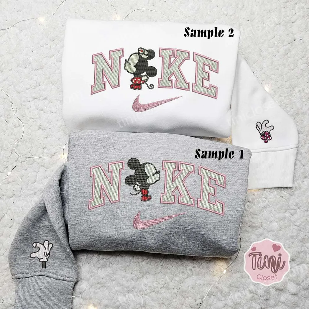 baby mickey and minnie kiss x nike embroidered shirt embroidered sweatshirt fashion style for couples