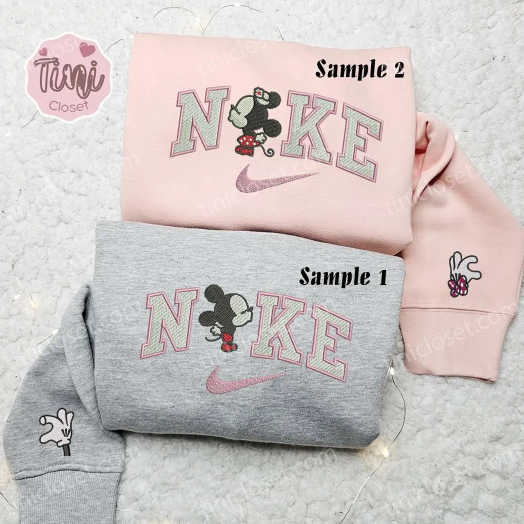 Baby Mickey And Minnie Kiss x Nike Embroidered Shirt, Embroidered Sweatshirt Fashion Style For Couples