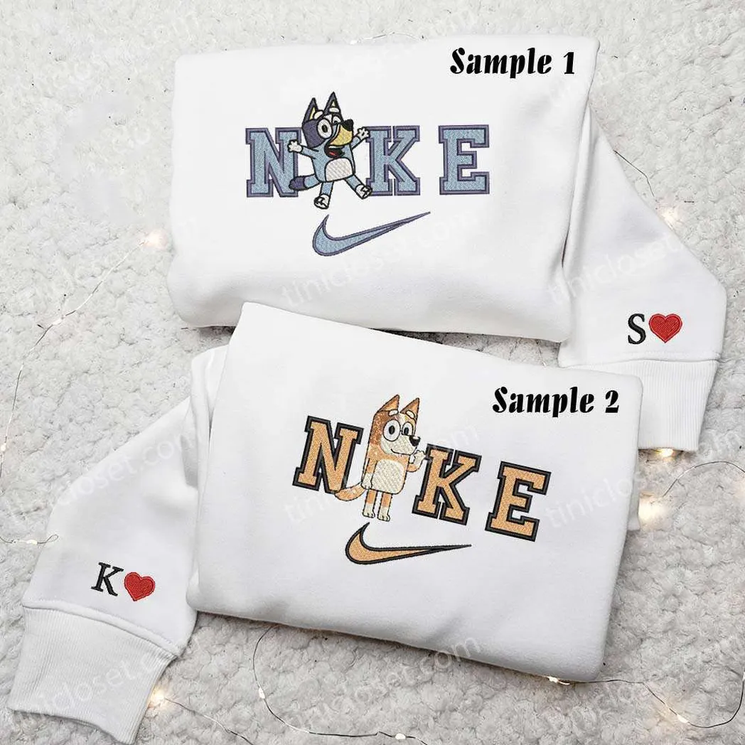 bandit and chili heeler bluey cartoon x nike embroidered shirt embroidered sweatshirt fashion style for couples eybmo