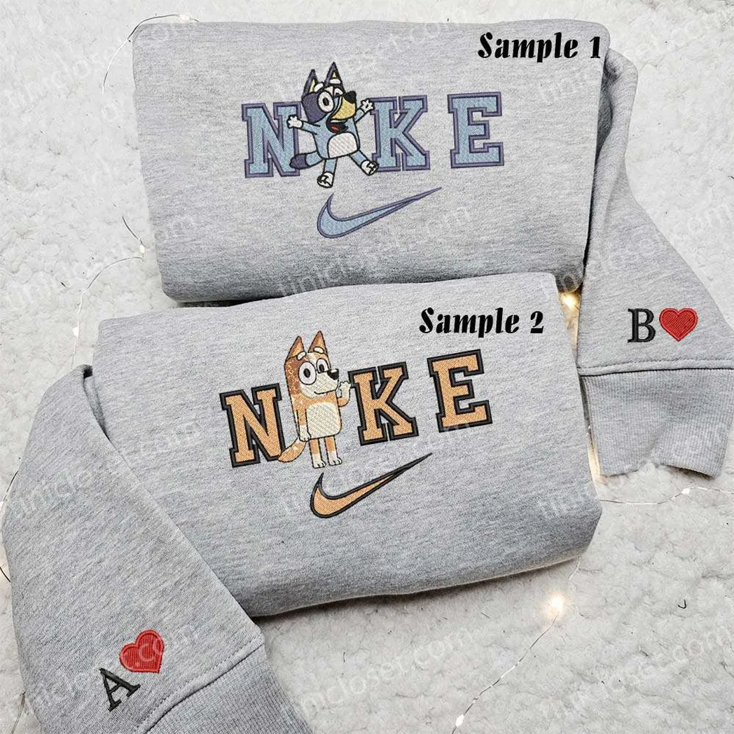 bandit and chili heeler bluey cartoon x nike embroidered shirt embroidered sweatshirt fashion style for couples r7lnu