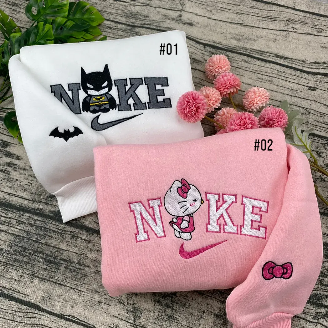 Batman And Hello Kitty x Nike Embroidered Shirt, Embroidered Sweatshirt Fashion Style For Couples