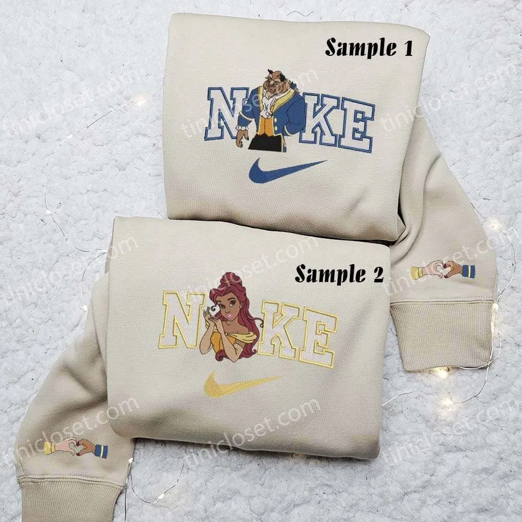 belle and beast x nike embroidered shirt embroidered sweatshirt fashion style for couples arwiy