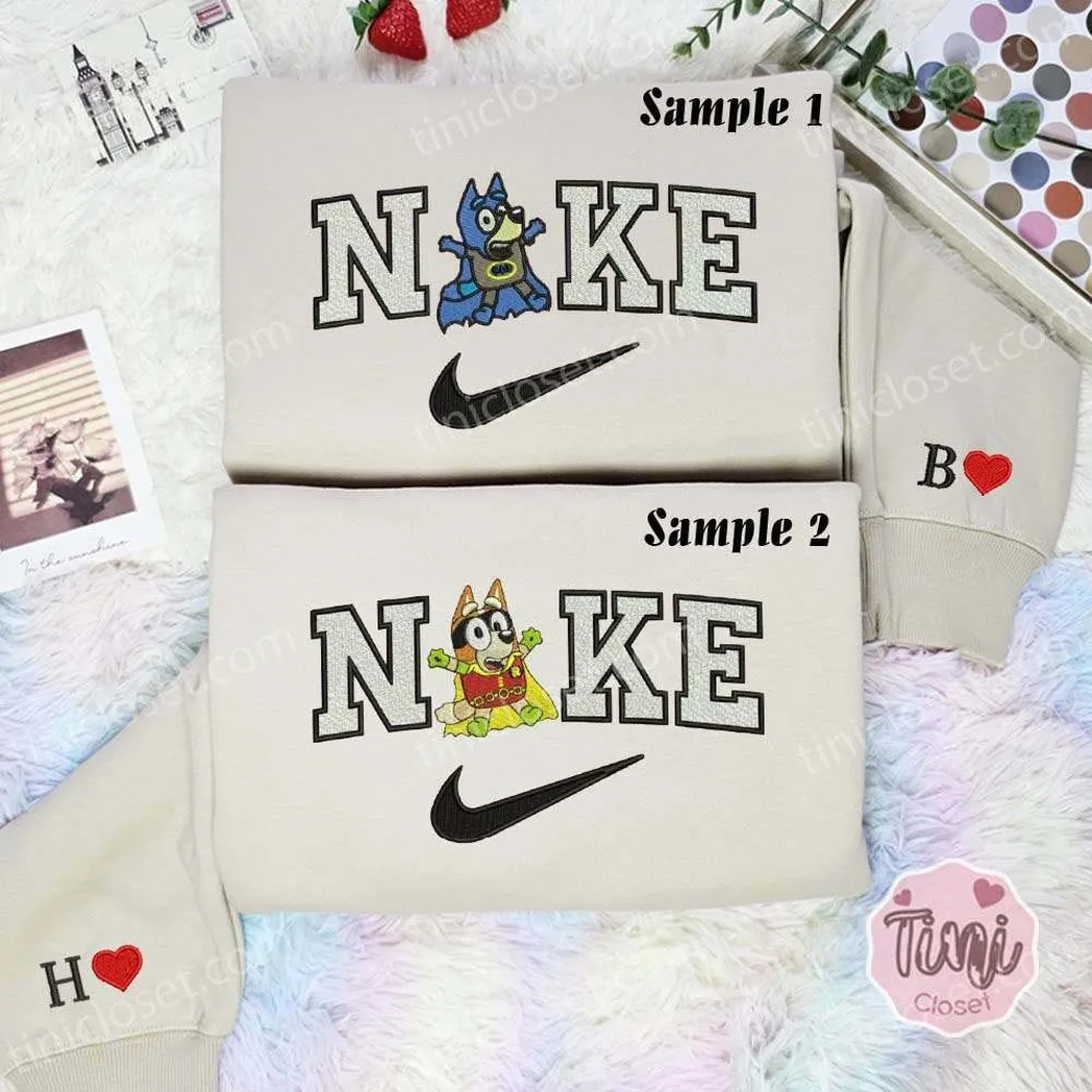 bluey and bingo batman and robin dc superhero x nike embroidered shirt embroidered sweatshirt fashion style for couples mjdob