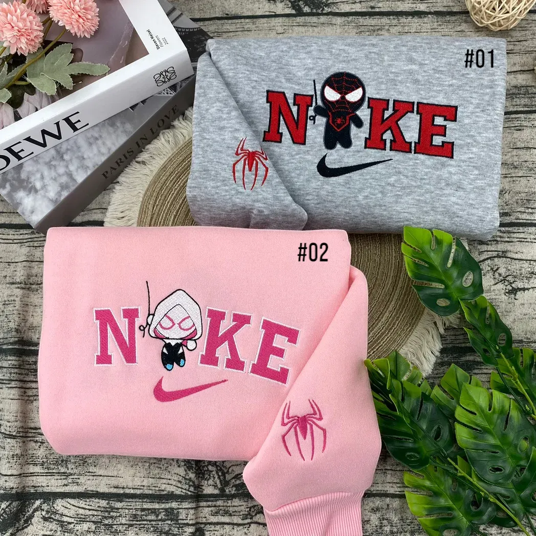 Chibi Spider-Man And Spider-Woman Nike Embroidered Sweatshirt Fashion Style For Couples, Valentine Day